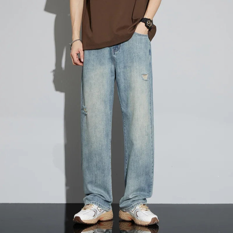 Men's Vintage Straight Baggy Jeans - Ripped Distressed Denim Pants