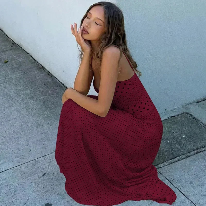 2026 Summer New Collection Womens Sexy Neck Hanging Polka Dots Retro Pleated Temperament Polka Dot Dress