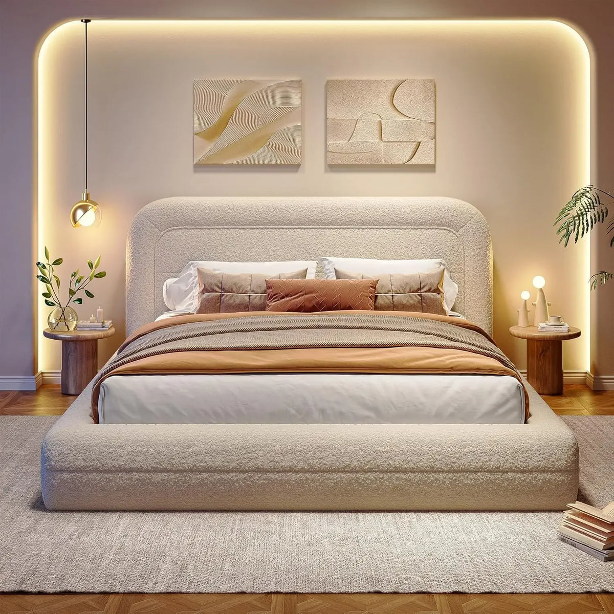 Queen Boucle Cloud Bed Frame Soft Rounded Corners Headboard No Box Spring Needed