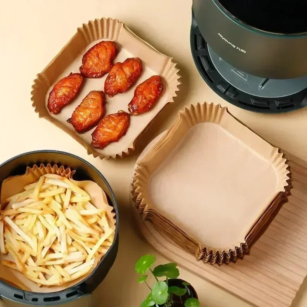 50/30 Piezas Accesorios de Cocina Papel para Freidora de Aire Utensilios de Cocina Desechables Cuadrados Redondos Moldes para Repostería Bandeja para BBQ Almohadilla Antiadherente