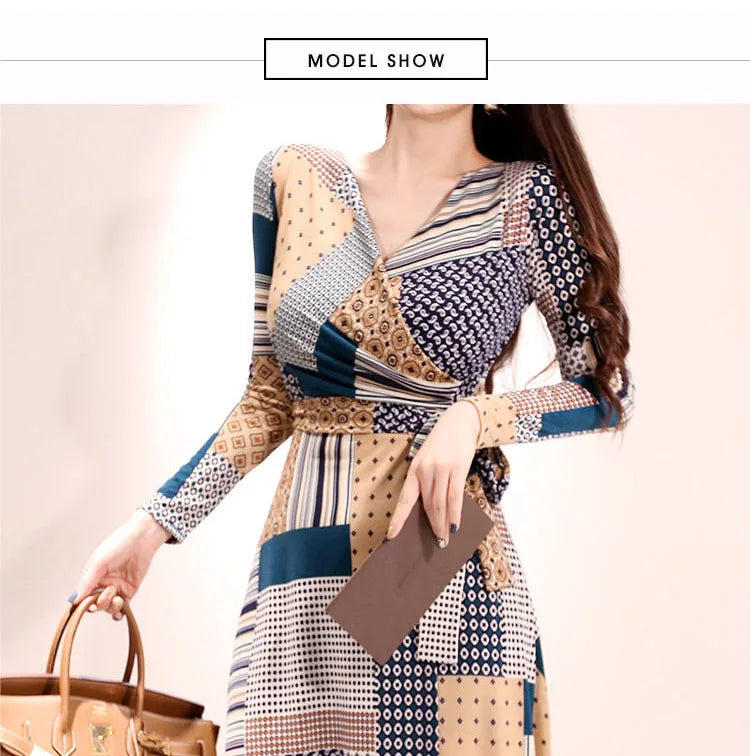 Vintage Print V-neck Lace-Up Maxi Dress | Korean Slim Long Sleeve.