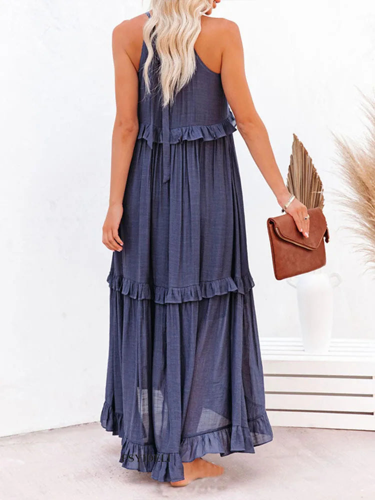 Women Halter Neck Maxi Dress Sleeveless Ruffle Tiered Loose Flowy Bohemian Beach Long Dress