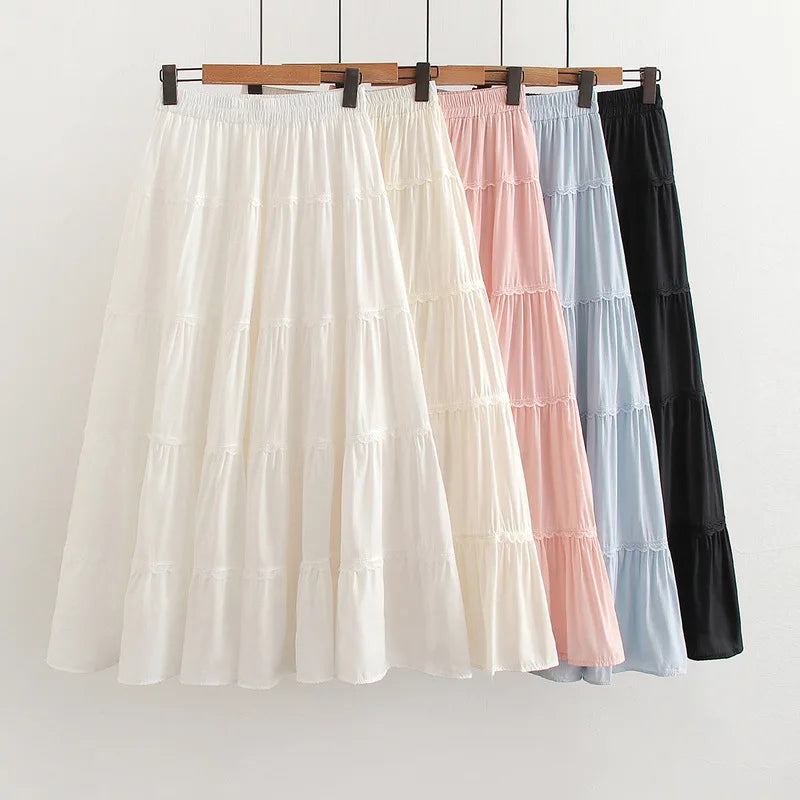 New 2026 Summer Women Cotton Skirt, Elastic Waist Ruffles Patchwork, Mori Girl Fashion Sweet OL Chic Loose Cake Skirt B63026CC