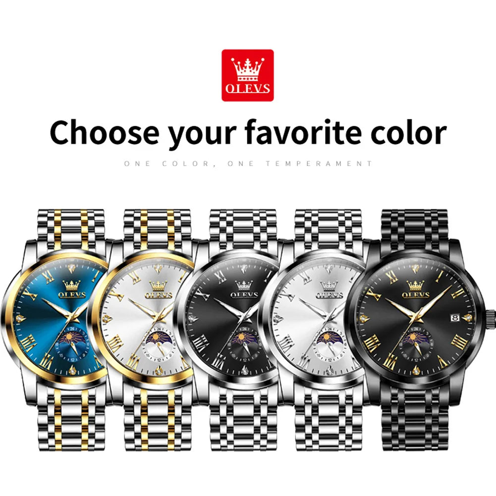 OLEVS 3656 Brand Men's Watches Fashion Original Quartz Watch for Man Waterproof Stainless Steel Luminous Wristwatch Moon Phase