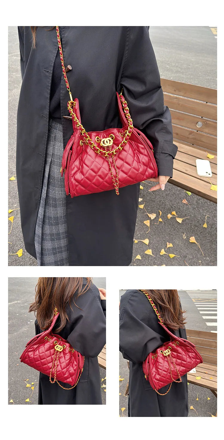 Quilted shoulder underarm bag, large-capacity hobo bag, bucket drawstring chain crossbody bag, women's handbag