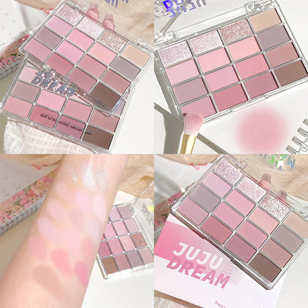 JUJU DREAM 16-Color Earth Tone Eyeshadow Matte & Shimmer Palette, Lying Silkworm Brightener for Soft Daily Makeup