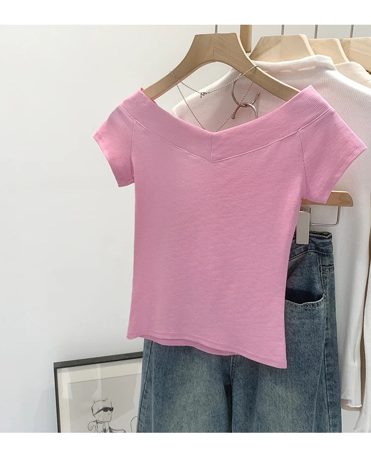 Pink Shoulder Bared Short Sleeve T Shirt Women's Summer New Style Ageless Lady Pure Desire Spicy Girl Top Simple Backless Design