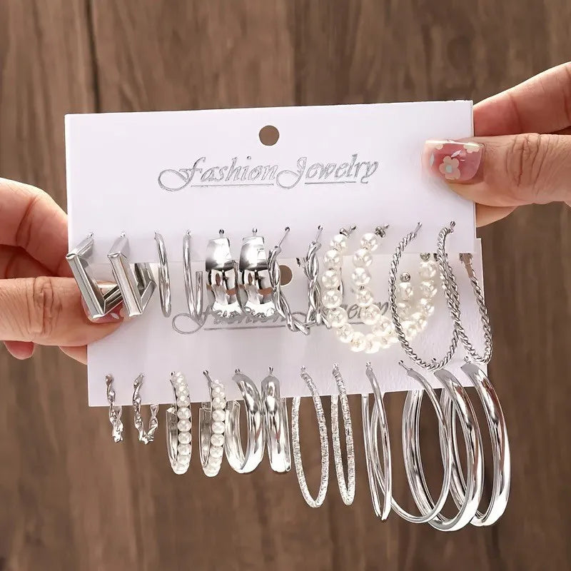 14K Gold C-Shaped Stud Earring Set (12 Pairs)