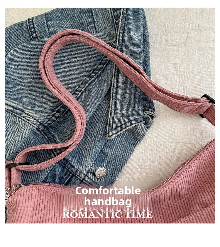 Women’s Corduroy Shoulder Bag, Casual Striped Large Capacity Tote with Zipper Closure, Cute Hat Patch, Perfect for Everyday Use