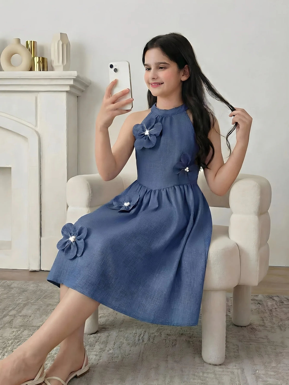 Kids Girls Sleeveless Halter Dress 3D Pearl Floral Applique Denim A‑Line Midi Dress 4‑12 Years Old for Wedding Guest Birthday Party
