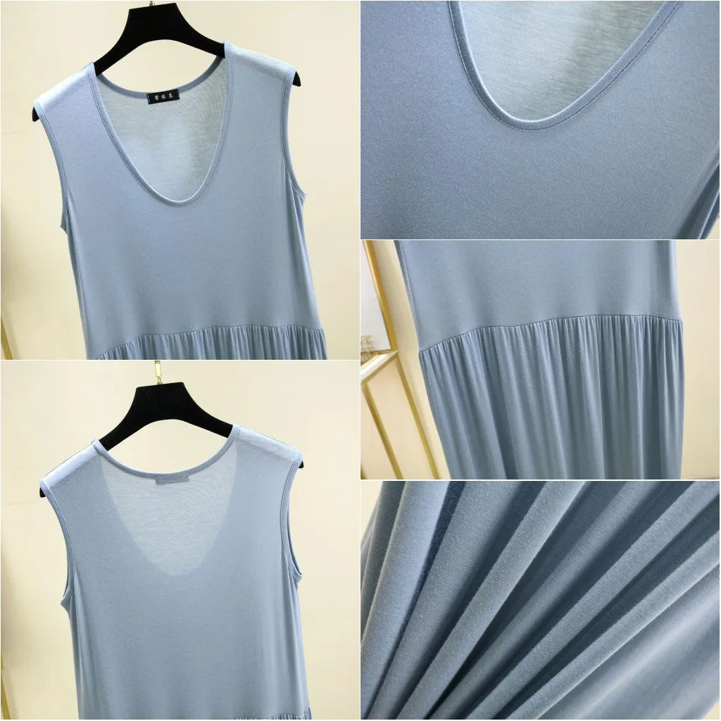 Plus Size Women's Modal Sleeveless Tank Dress – Pleated Mid-Length Waist-Slimming Homewear