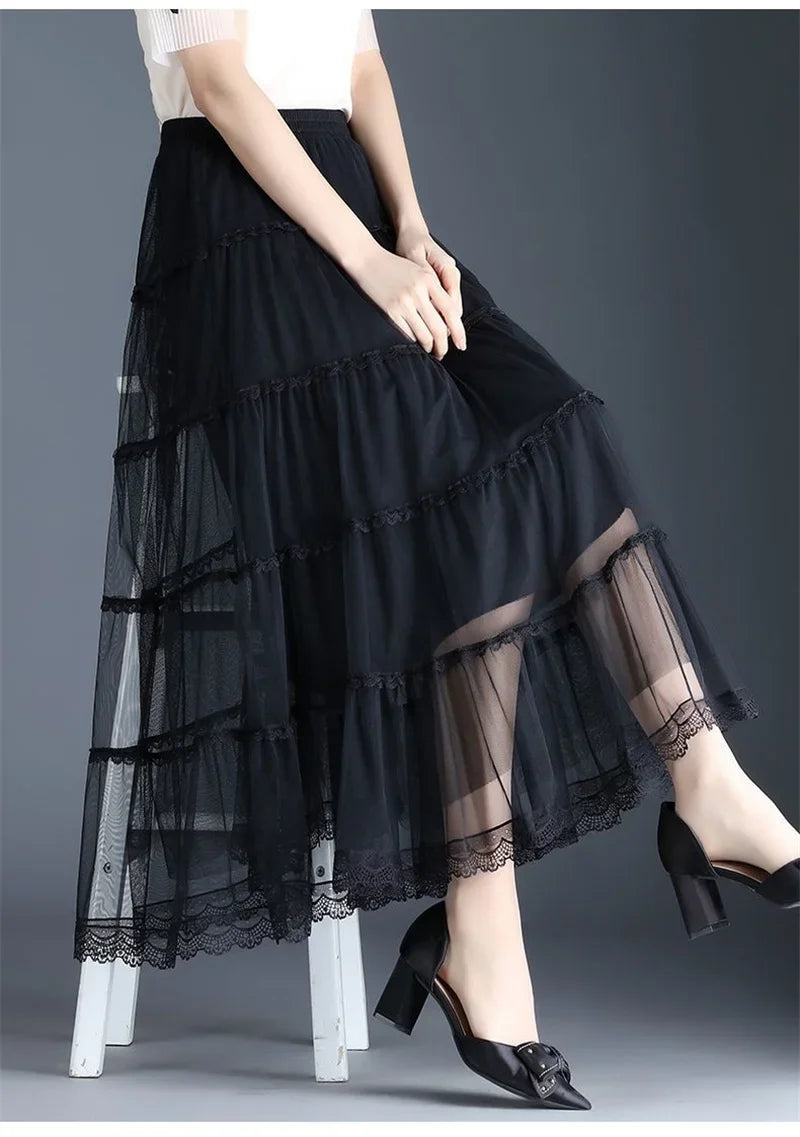 Pop Pop Long Tulle Skirt Women 2024 Spring Summer Elastic High Waist A-Line Mesh Pleated Puffy Skirt Female Elegant Lace Midi Sk