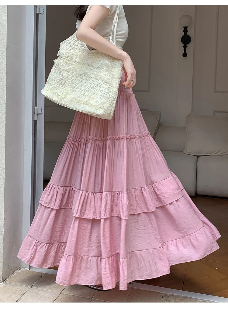 White Tiered Ruffle Hem Skirt 2025 - High Waist Flowy A-Line Maxi Skirt, Summer Chiffon Layered Skirt with Pleats