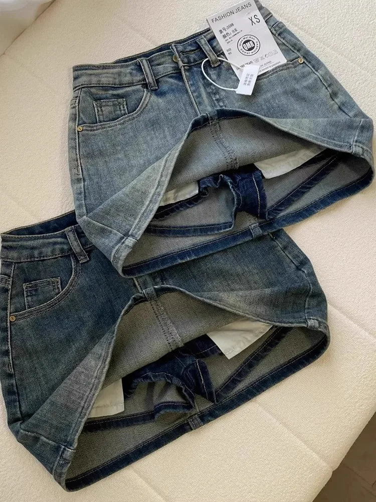 Sexy Retro High Waist Denim  Skirt Women's Anti-Light Versatile Slimming American Hot Girl f-length Summer Skirt