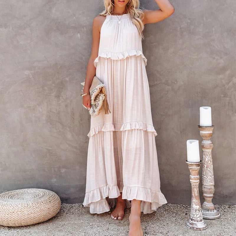 Women Halter Neck Maxi Dress Sleeveless Ruffle Tiered Loose Flowy Bohemian Beach Long Dress