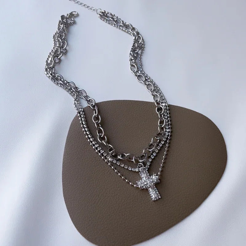 Rhinestone Cross Pendant Necklace Spicy Girl Sweet and Cool Style Multi Layered Necklace Choker Gift for Women Choker Jewelry