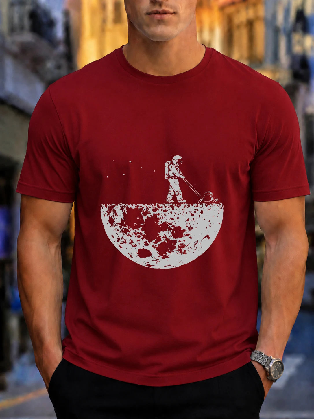 Men's Astronaut Mowing on the Moon Print Cotton T-Shirt - Casual