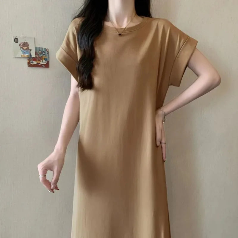 Women Cotton T-Shirt Dress Crew Neck Short Sleeve Loose Split Side Summer Casual Maxi Dress
