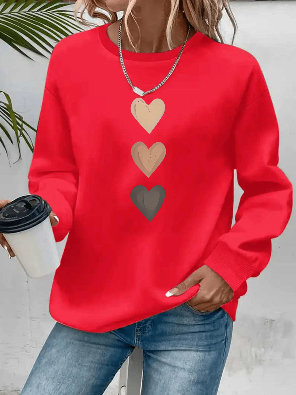 Women's Casual Heart Print Pullover Sweatshirt - Long Sleeve Knit