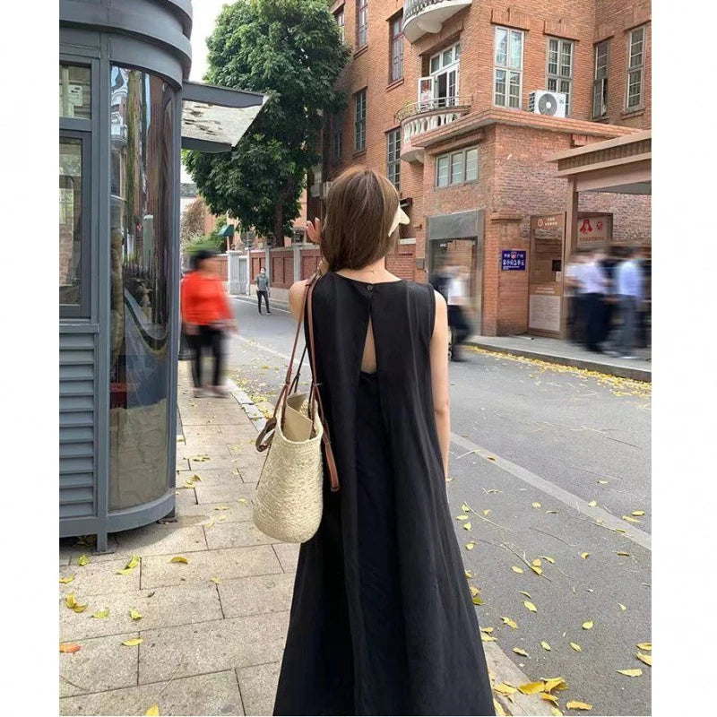 Korean-style elegant sleeveless spring dress for women, loose fit with hollow back design, round neck, long tank dress