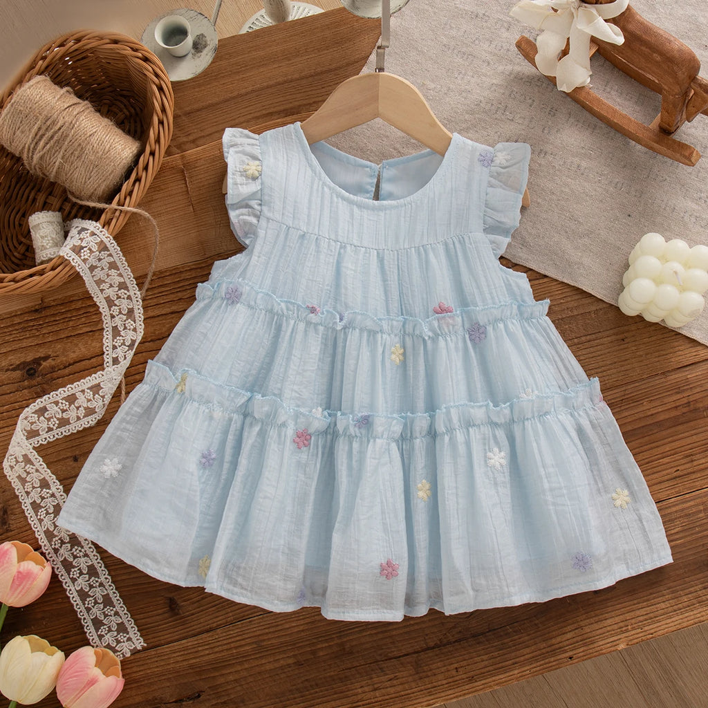 Korean Style Trend Sweet Flowers Embroidery Birthday Party Baby Girl Dress Summer Thin Short Sleeves Crew Neck Toddler Dress