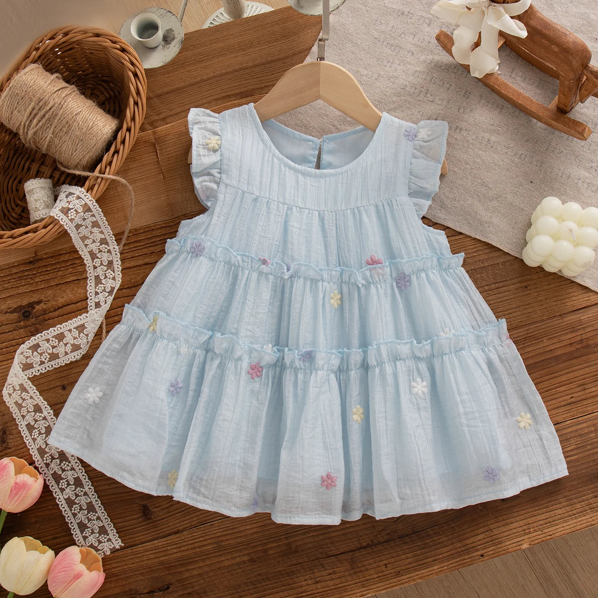 Korean Style Trend Sweet Flowers Embroidery Birthday Party Baby Girl Dress Summer Thin Short Sleeves Crew Neck Toddler Dress