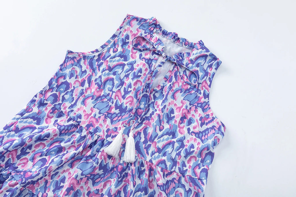 New European and American Summer Cross-border Seaside Vacation Mid to Long Sleeveless V-neck Tassel Abstract Print Dress