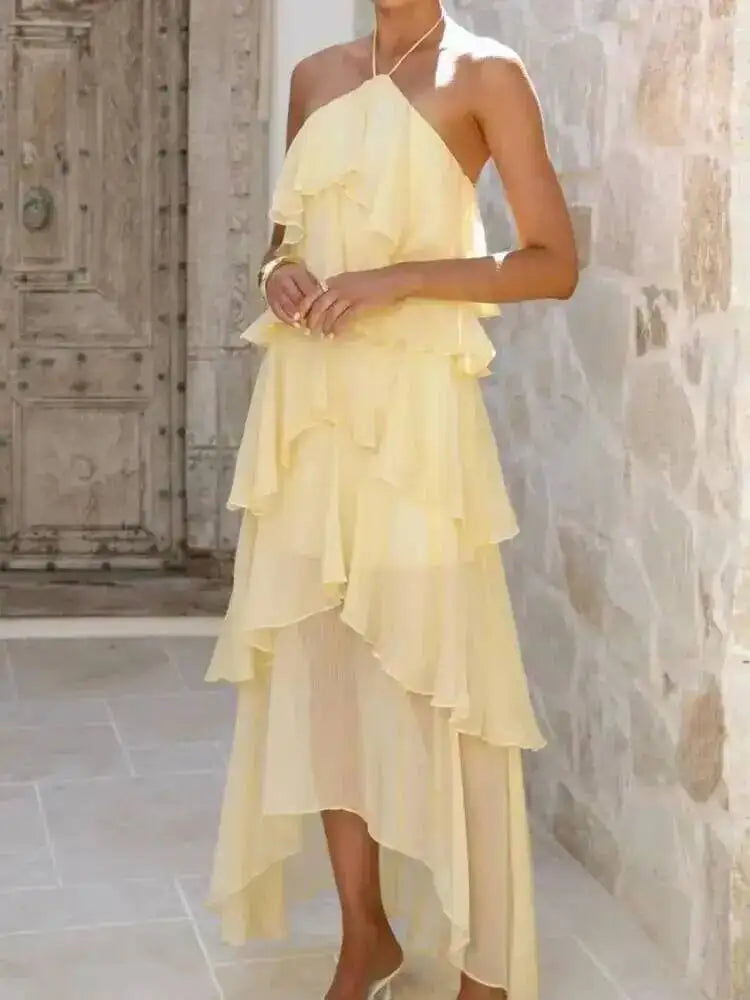SHENGPALAE Women Maxi Dress Halter Cold Shoulder Chiffon Floral Elegant Party Ruffled Layered Irregular Summer 2026 New 05E02862