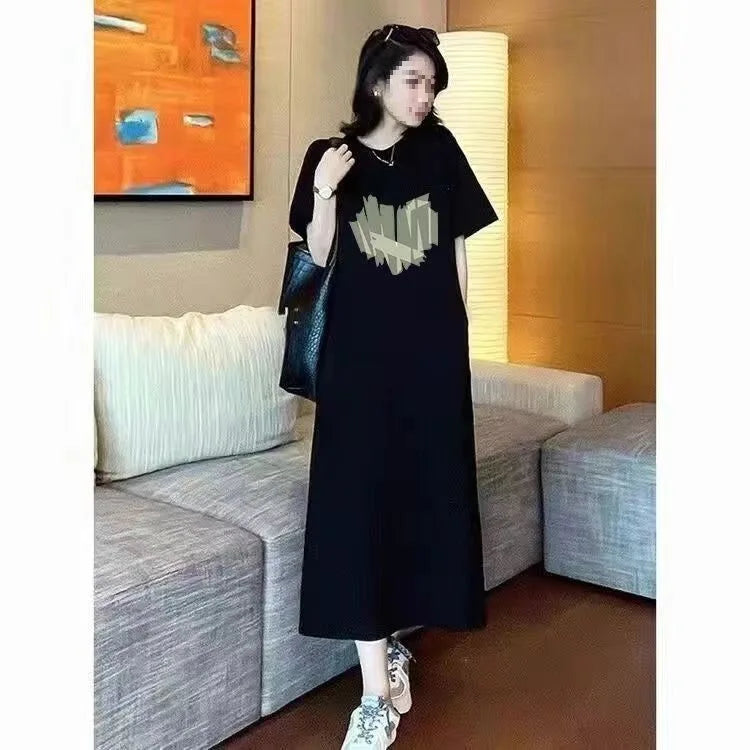 plus Size Long Knee-Length Summer Dress Women's Short Sleeve round Neck Loose Fit Knitted Fabric Straight Cut Casual Style