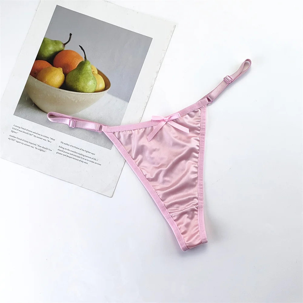 3PCS/Set Glossy Satin Pink Thong Adjustable Low Waist Women Smooth Silk G-string Sexy Plus Size Panty Set Underwear