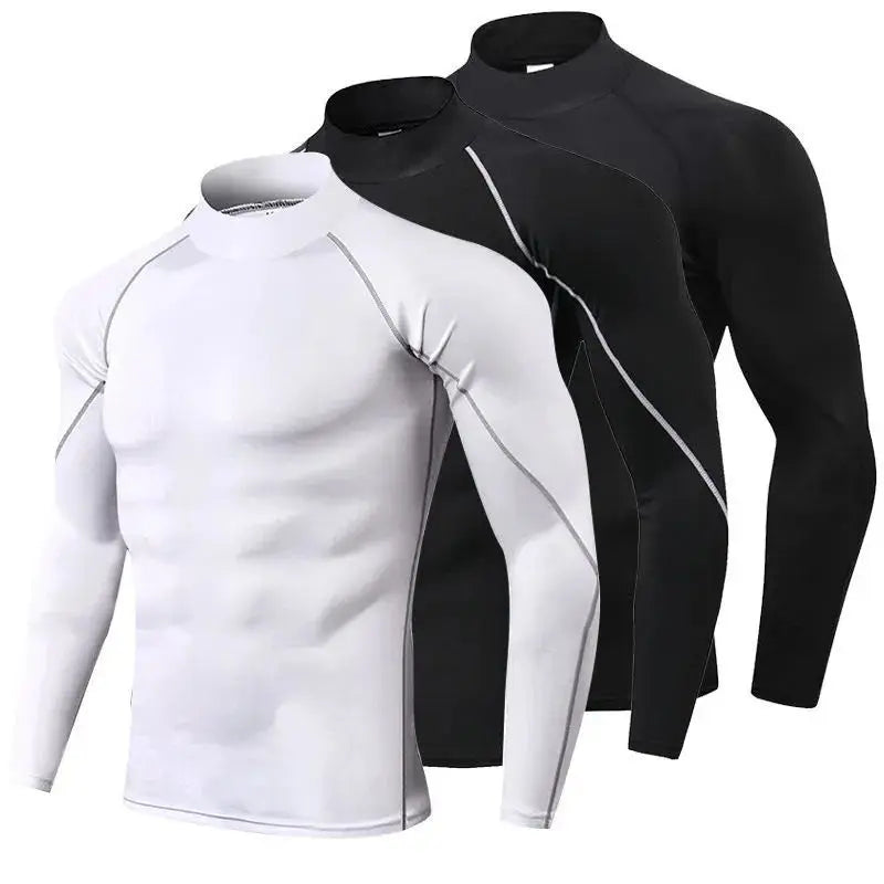 Turtleneck Gym Compression Long Sleeve Workout Shirt Men Bodybuilding Tight Running Sportwear Fitness Mens Sports Shirt