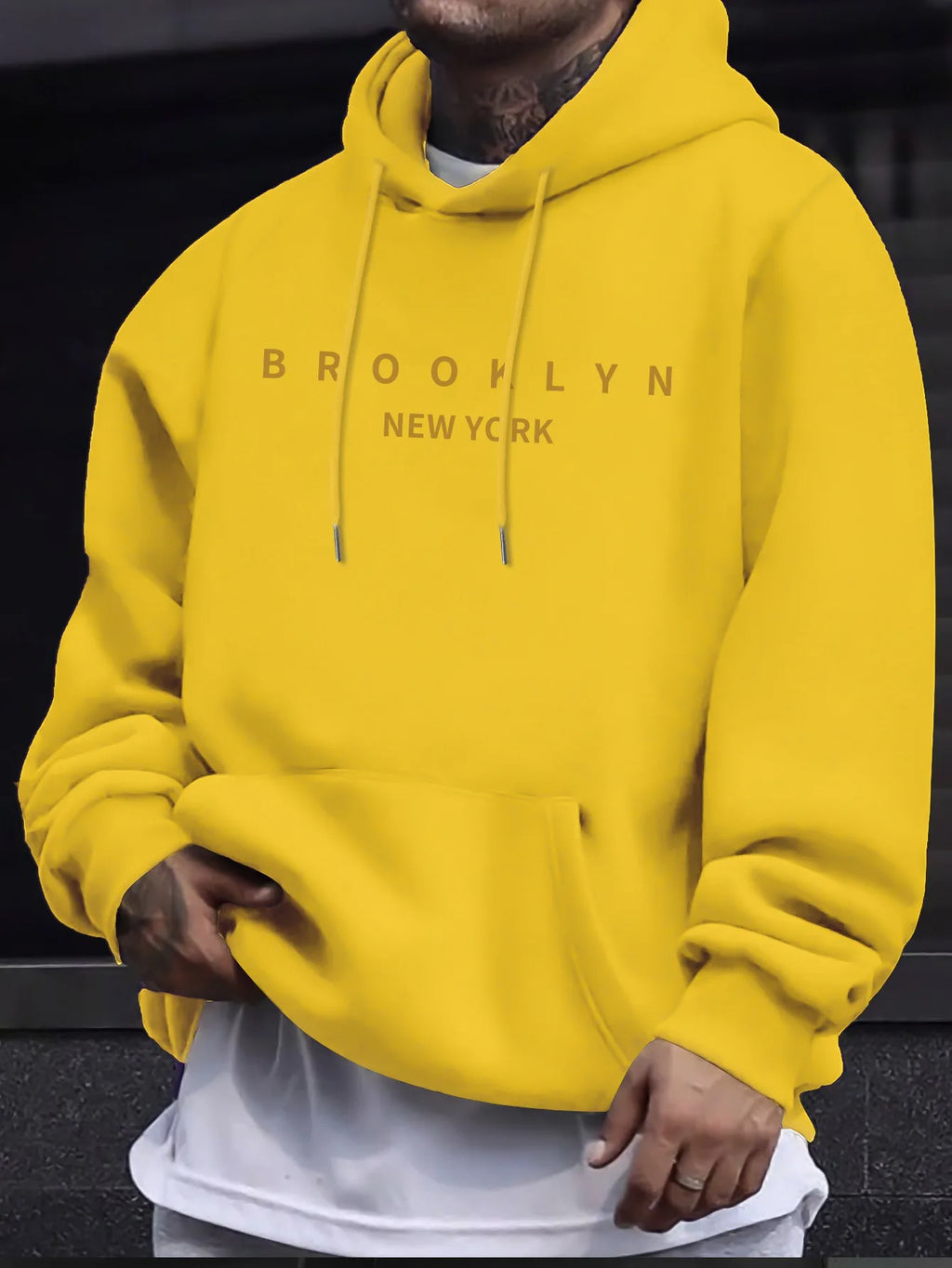 Men's autumn and winter casual fashionable loose brooklyn letter print long sleeved hooded warm sports pullover