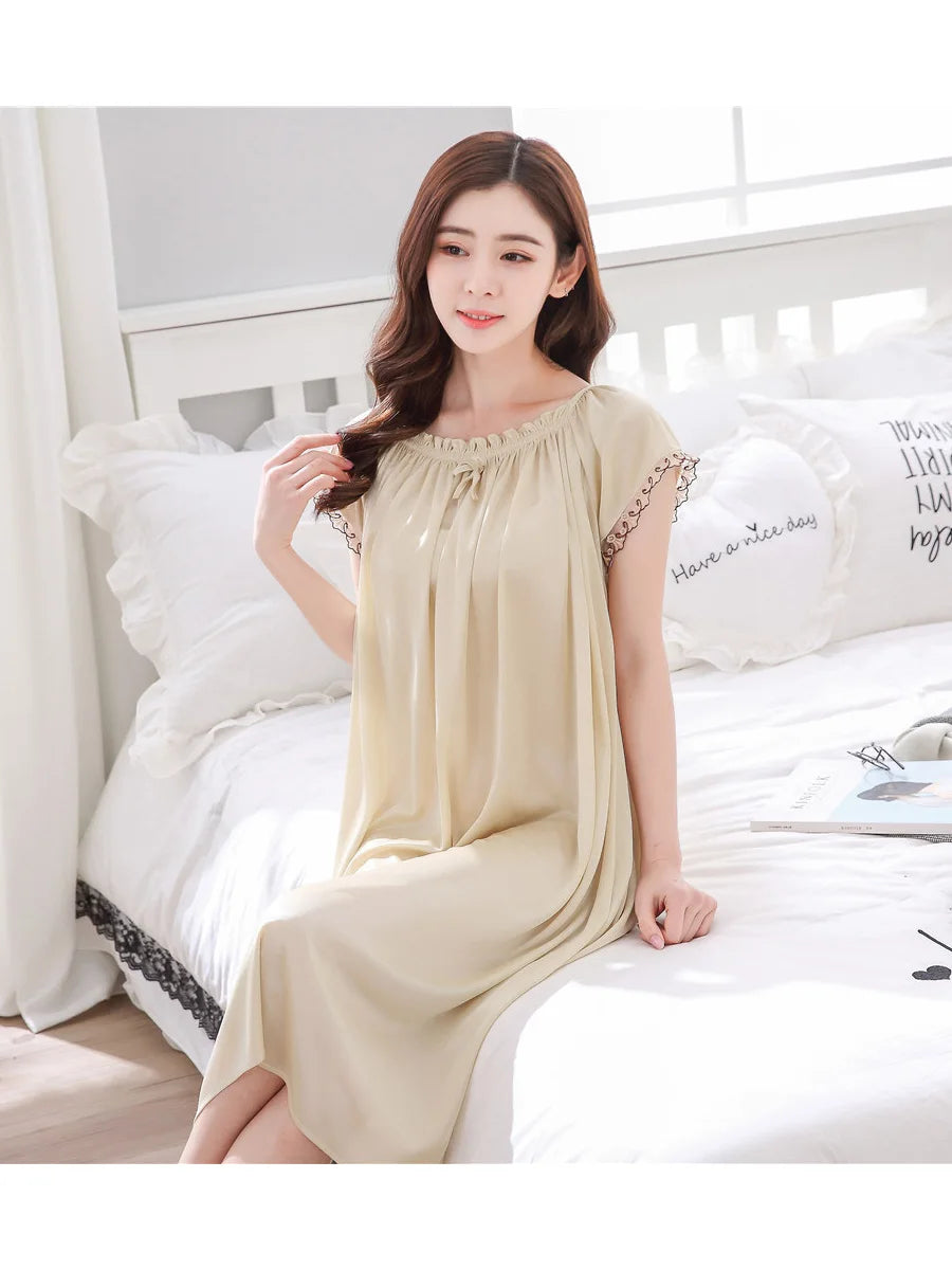 2026 New Women's Summer Imitation Silk Sleeping Skirt Multi Colored Short Sleeved Home Clothes Ice Silk Pajama Dress