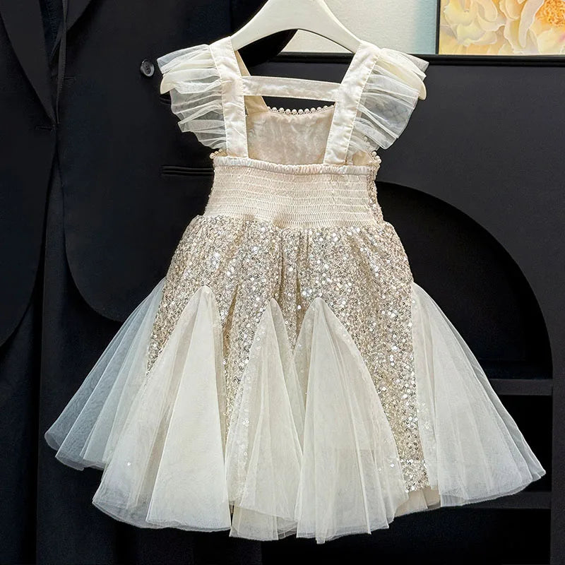 Kids Girl Clothes Sequined Flying Sleeves New Summer Dresses For Girls Elegant Mesh Vest Skirt Princess Dress Evening Prom
