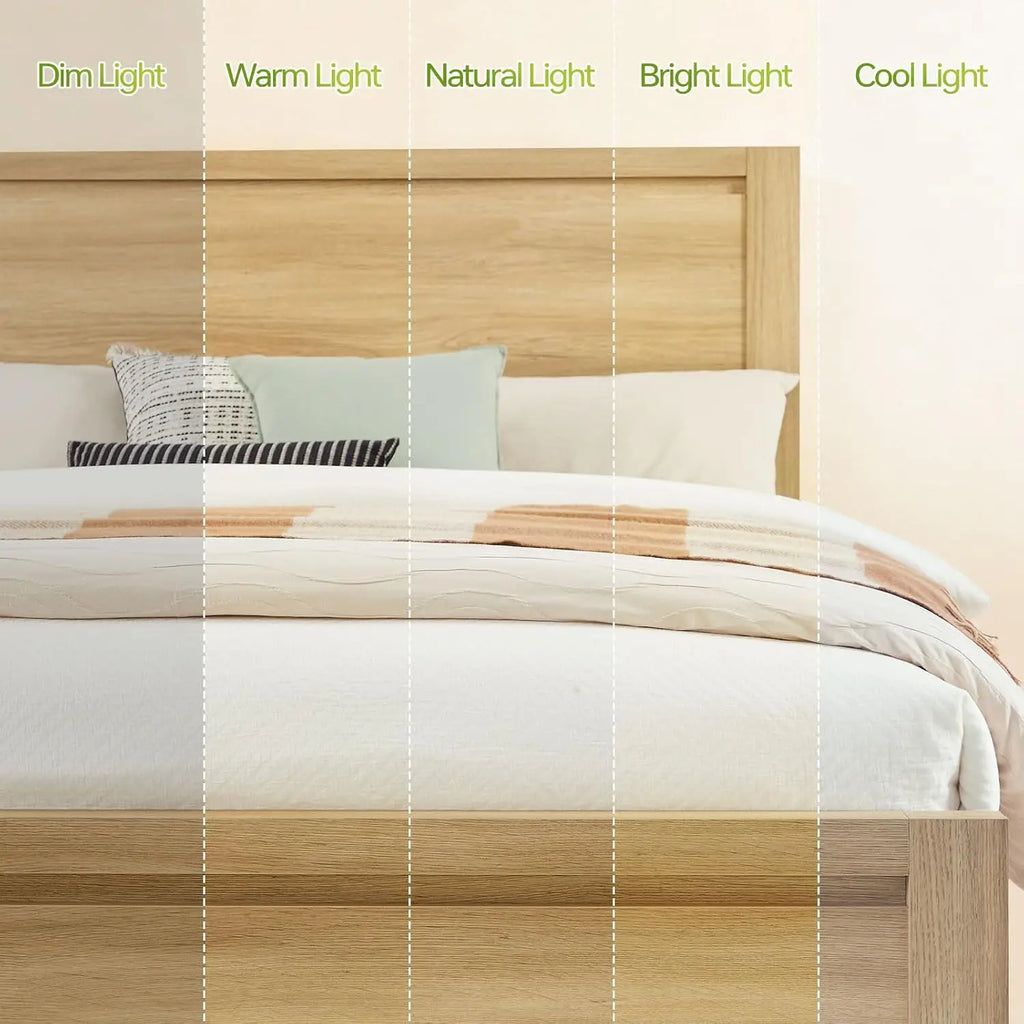 Mid-Century Queen Bed Frame Headboard Wood Slat Support Noise Free No Box Spring 1000Lb Easy Assembly Oak, Customized