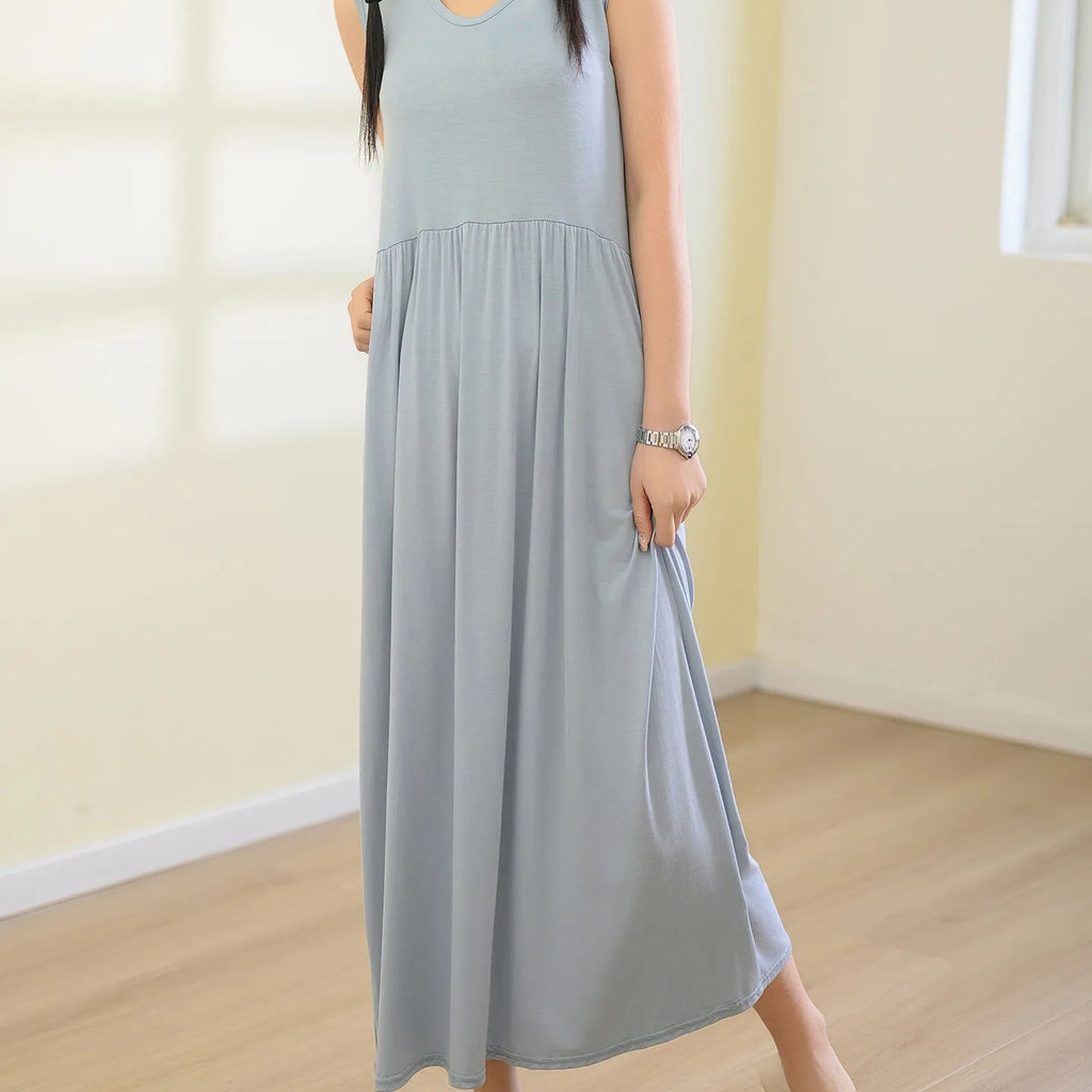 Plus Size Women's Modal Sleeveless Tank Dress – Pleated Mid-Length Waist-Slimming Homewear
