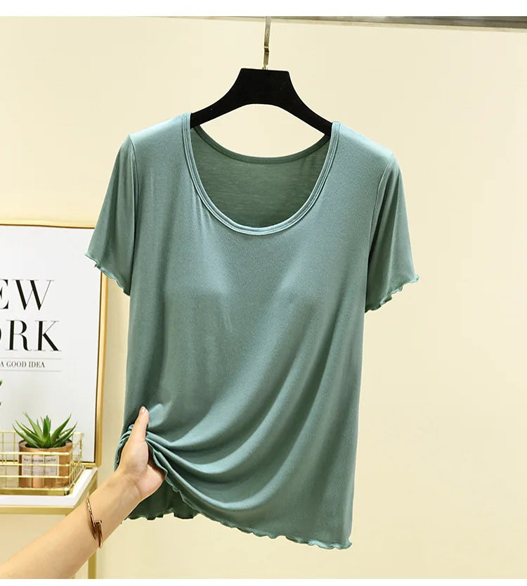 Modal No- Bra T-Shirt One-Piece Short Sleeve Women Summer Wear Casual Solid Color Base Layer Outdoor Wear round Neck T-Shirt