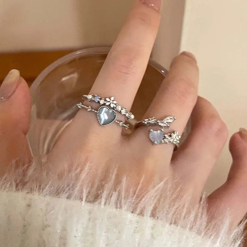 Fashion Blue Opal Heart Rings for Women Kpop Punk Gothic Open Flower Rhinestone Finger Rings Wedding Party Trendy  Jewelry