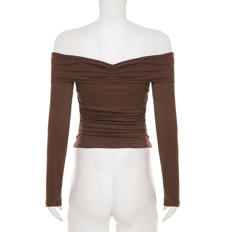 Sexy Off-the-shoulder Pleated V-neck T-shirt Women's Slim-fit Solid-color Top with Metal Buttons