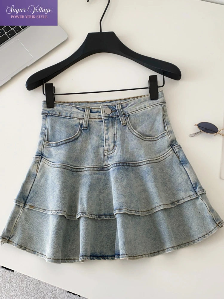 Korean Fashion Preppy Style Denim Skirt Women Slim High Waist Ruffled Layered Hem Vintage Slim Fit Mini Skirt Casual Y2K Clothes