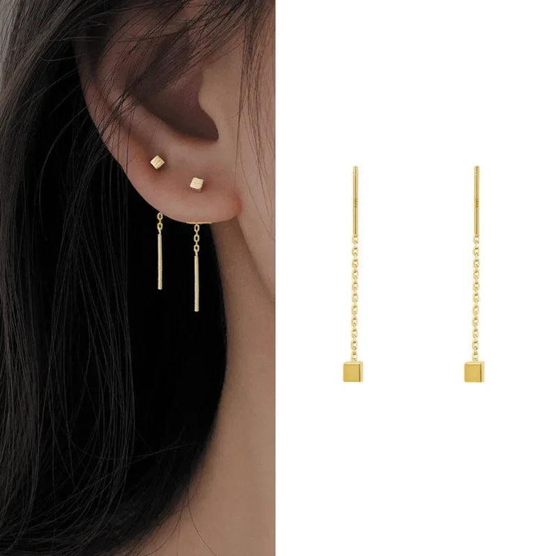 Rose Gold Threader Drop Earrings for Women Long Hanging Zircon Crystal Piercing Jewelry