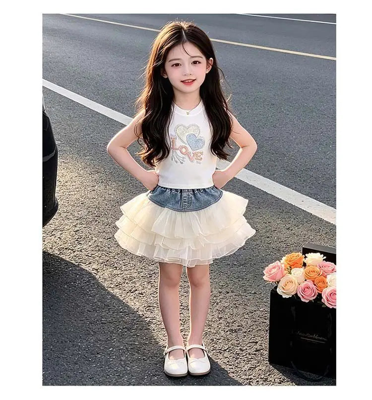 Girls' Summer Denim Short Skirt Patchwork Mesh Cake Style Children's Kids' New Fashion Skirt