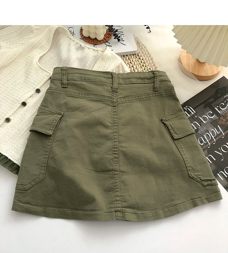 Retro High Waist Denim  Skirt Women's Spring Summer Autumn Casual Drawstring Anti-Light Short Skirt Polyester Fiber
