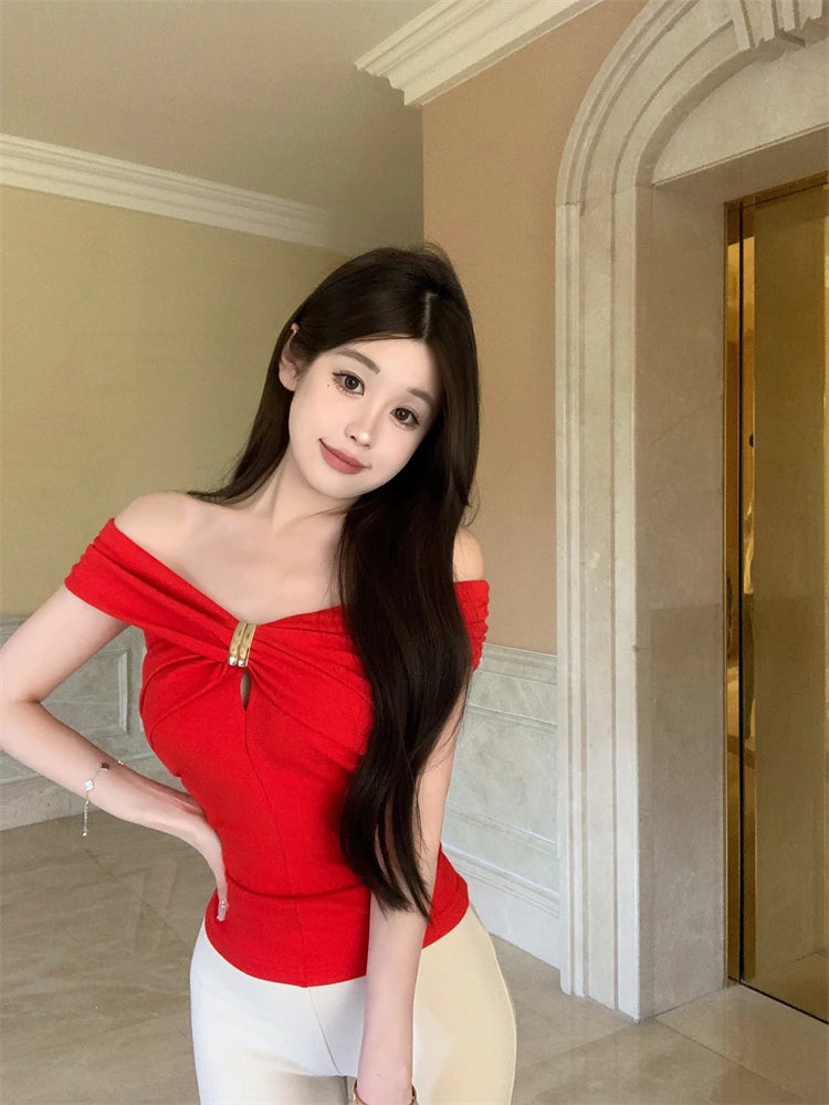 Summer slim sexy spicy girl slash neck ruffled short-sleeved T-shirt for women
