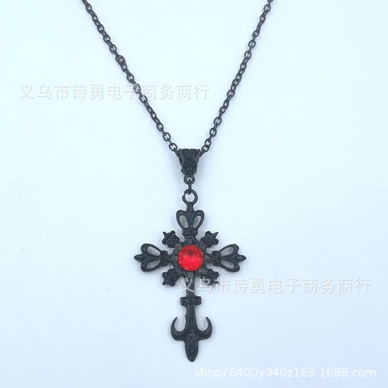Gothic Black Ruby Cross Pendant Men'S Women'S'S Necklace European And American Retro Fashion Jewelry Gifts