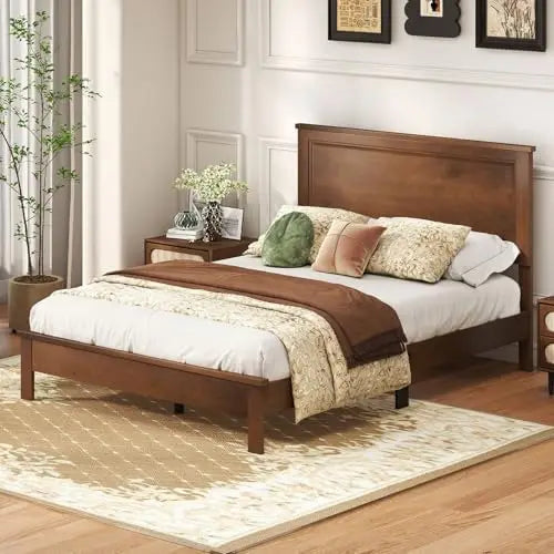 Full Size Wood Bed Frame, Mid-Century Modern Platform Bed with Headboard, Solid Wood Legs, Mattress Foundation with 12