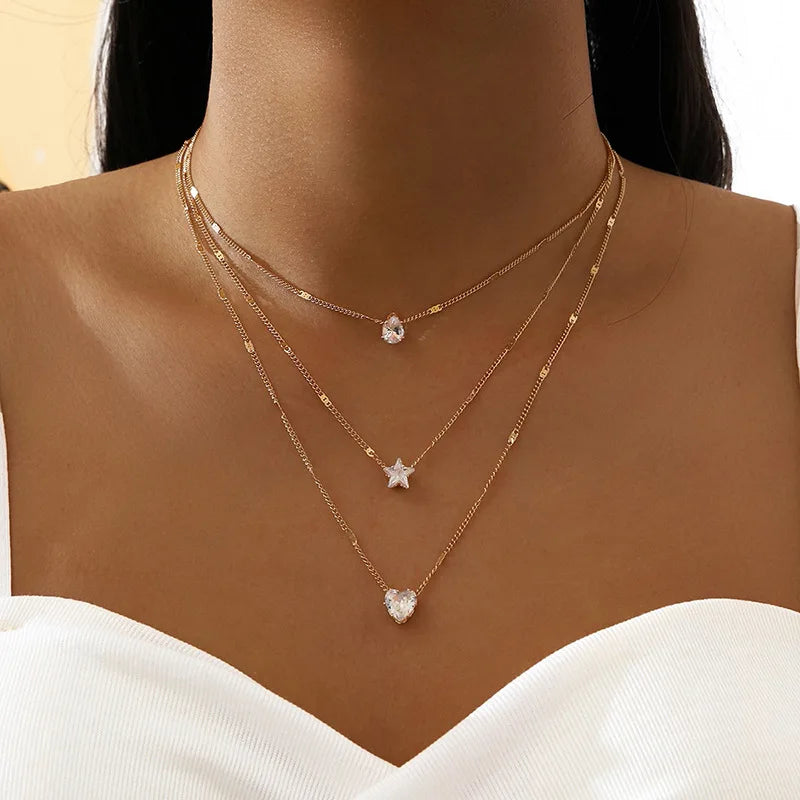 Trendy Zircon Pendant Necklace For Women'S Multilayer Chain Choker Fashion Female Shiny Jewelry