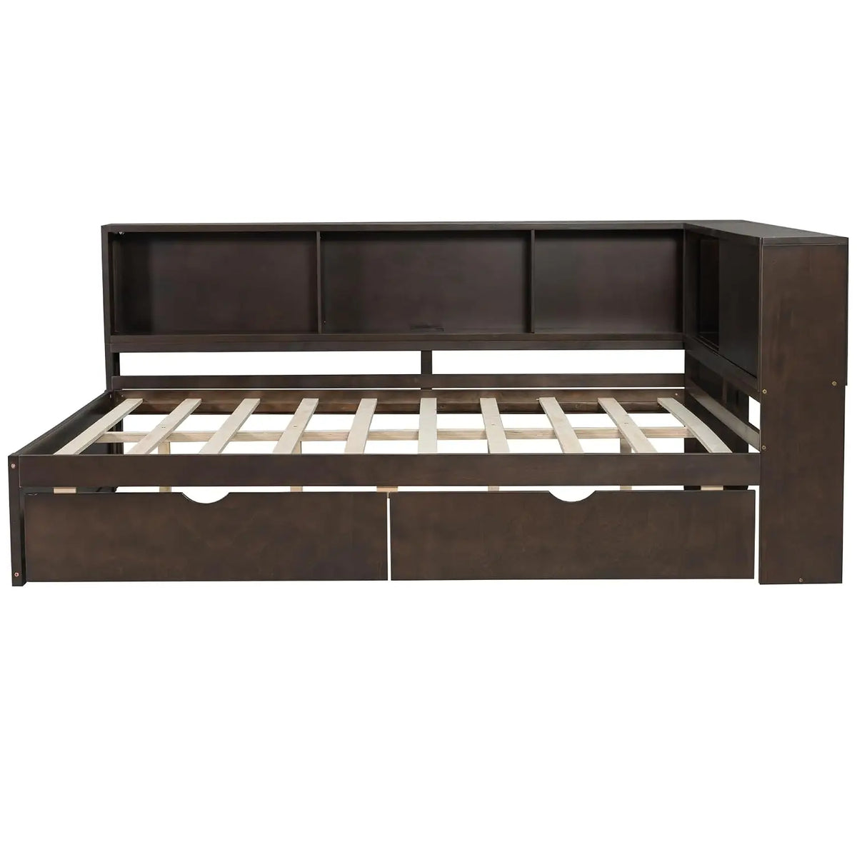 Queen Corner Bed with Storage Drawers & Bookcase, L-Shaped Daybed with LED & USB, Wood Frame for Living Room Bedroom, Customized