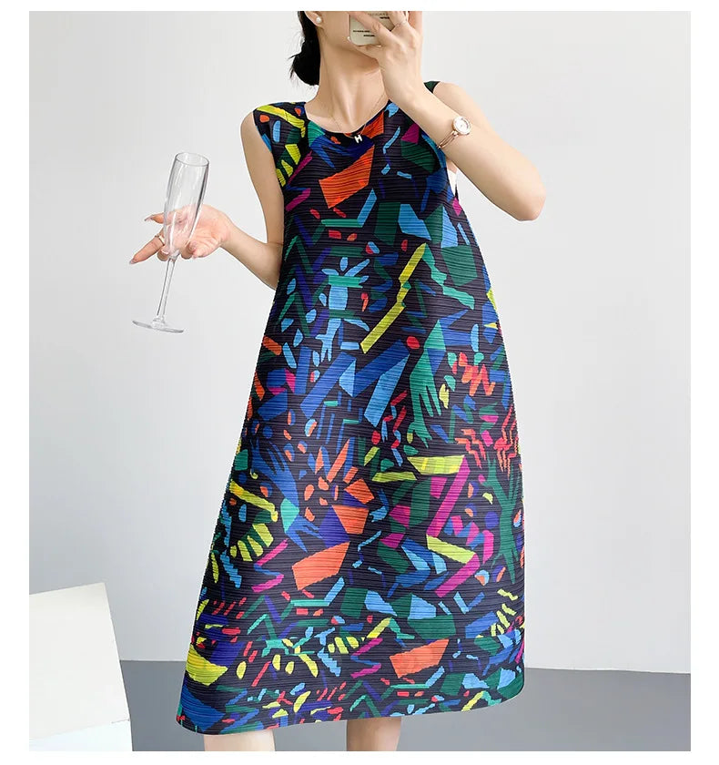 2026 Summer Retro Print Design Flared Dress Women Loose Fit Plus Size Fashion Elegant Sleeveless Dress Travel Vacation Wear