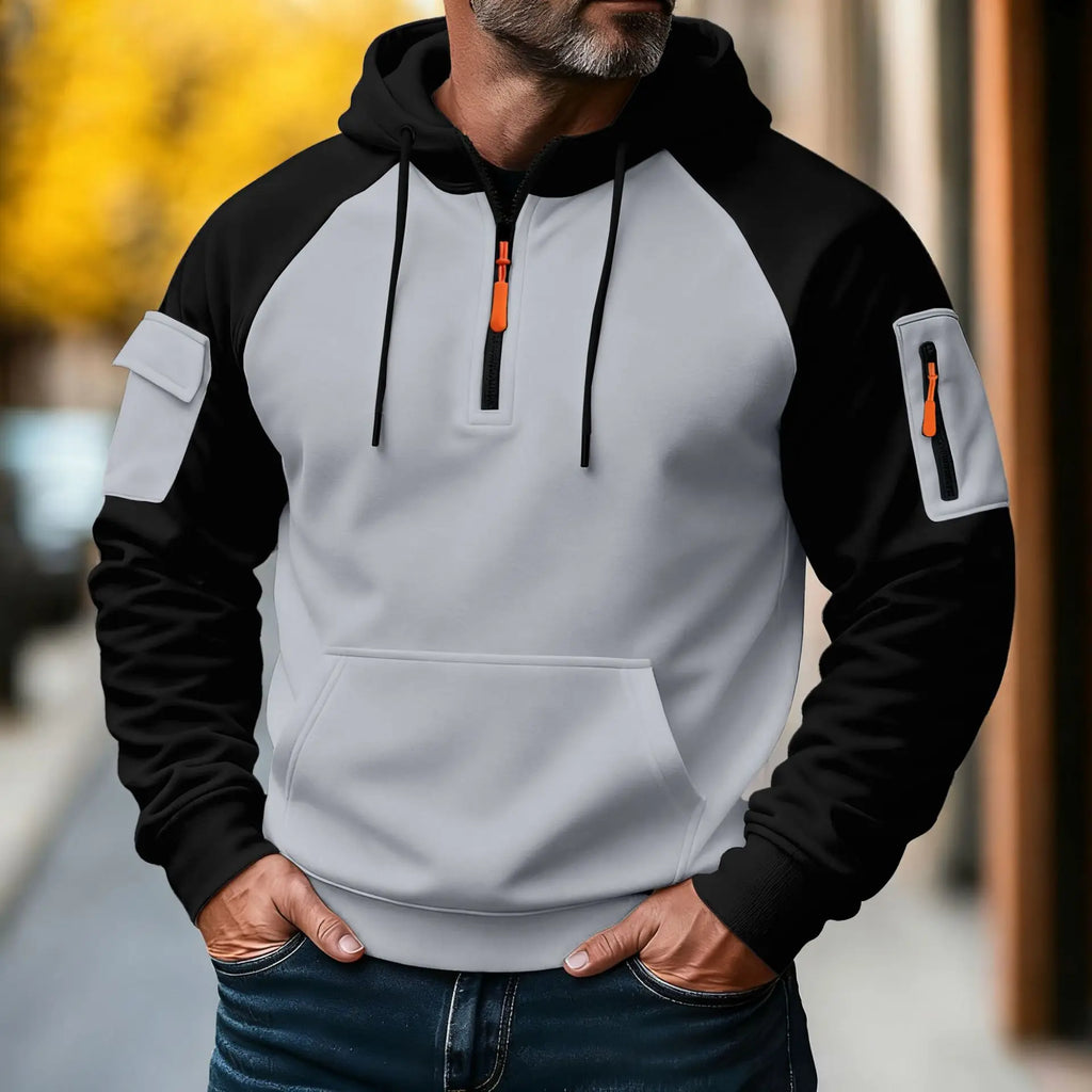 Spring and Autumn Men's Fashionable workwear casual sporty zipper long-sleeved hooded pullover with multiple pockets